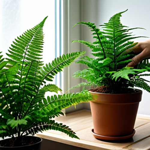 Indoor Plant Care**

"A fully clothed person gently touching the soil of a potted fern, demonstrating how to check moisture levels, modest indoor setting with natural light, safe for work, perfect anatomy, well-formed hands, appropriate content, professional gardening photography."

**