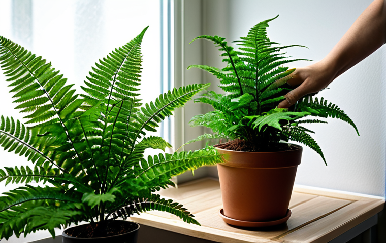 Indoor Plant Care**
"A fully clothed person gently touching the soil of a potted fern, demonstrating how to check moisture levels, modest indoor setting with natural light, safe for work, perfect anatomy, well-formed hands, appropriate content, professional gardening photography."
**