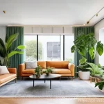 스마트 조명 시스템과 식물 - **A Vibrant Urban Jungle with Smart Lighting:**
    A beautifully arranged, lush indoor garden thriv...