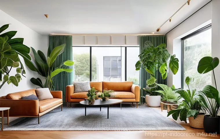 스마트 조명 시스템과 식물 - **A Vibrant Urban Jungle with Smart Lighting:**
    A beautifully arranged, lush indoor garden thriv...