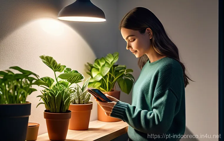 스마트 조명 시스템과 식물 - **A Vibrant Urban Jungle with Smart Lighting:**
    A beautifully arranged, lush indoor garden thriv...