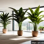 Home 22 실내 식물과 미래 건축 - A modern urban apartment interior featuring a well-lit corner with a variety of low-maintenance indo...