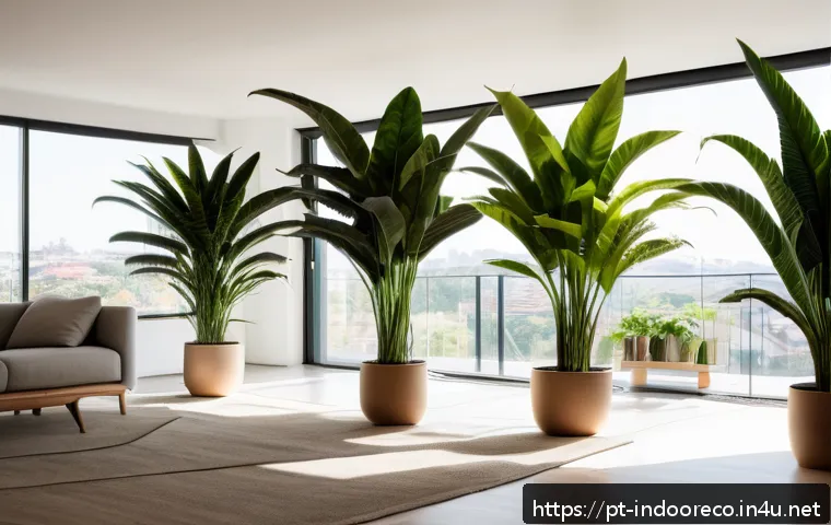 실내 식물과 미래 건축 - A modern urban apartment interior featuring a well-lit corner with a variety of low-maintenance indo...