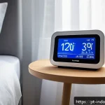 Home 20 실내 공기질 측정 기기 - A modern, sleek air quality monitor device placed on a minimalist bedside table in a cozy, well-lit ...