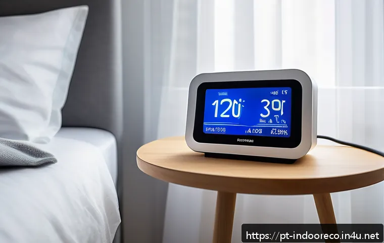 실내 공기질 측정 기기 - A modern, sleek air quality monitor device placed on a minimalist bedside table in a cozy, well-lit ...