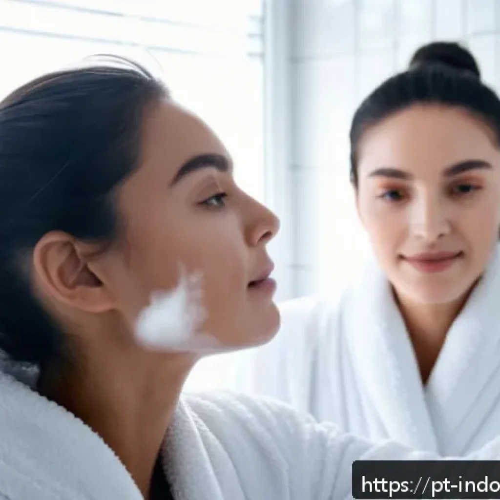 습도와 피부 건강 - A close-up portrait of a young woman with clear skin adjusting her skincare routine in a bright, mod...