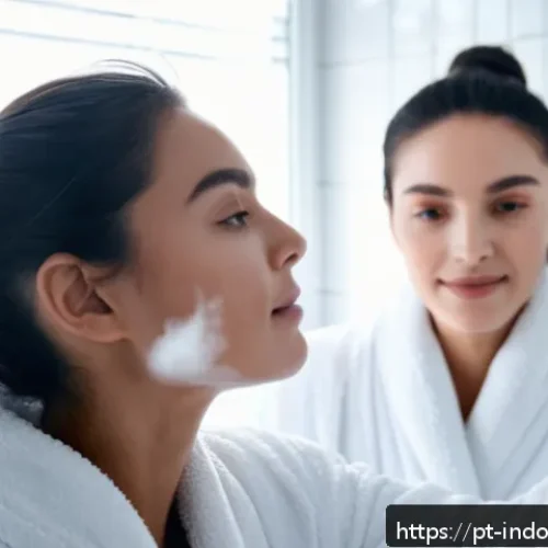 Home 31 습도와 피부 건강 - A close-up portrait of a young woman with clear skin adjusting her skincare routine in a bright, mod...