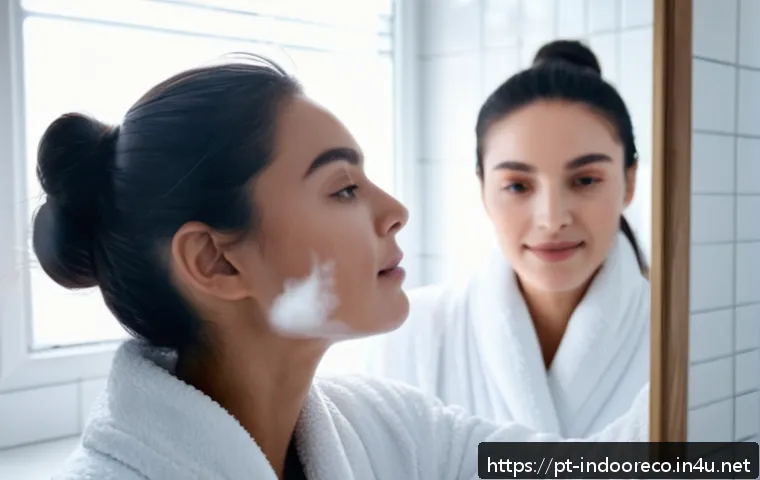 습도와 피부 건강 - A close-up portrait of a young woman with clear skin adjusting her skincare routine in a bright, mod...