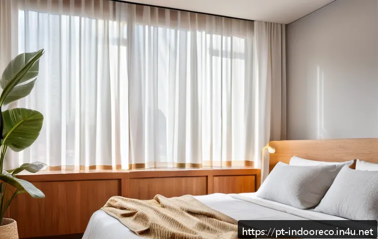 습도 높은 환경에서의 건강 문제 - A cozy, modern Brazilian bedroom with a portable dehumidifier running near a neatly made bed, sunlig...