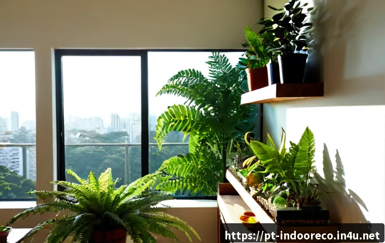 자연광과 실내 생태계 - Photorealistic sunlit apartment living room in São Paulo, Brazil, featuring a thriving indoor ecosys...